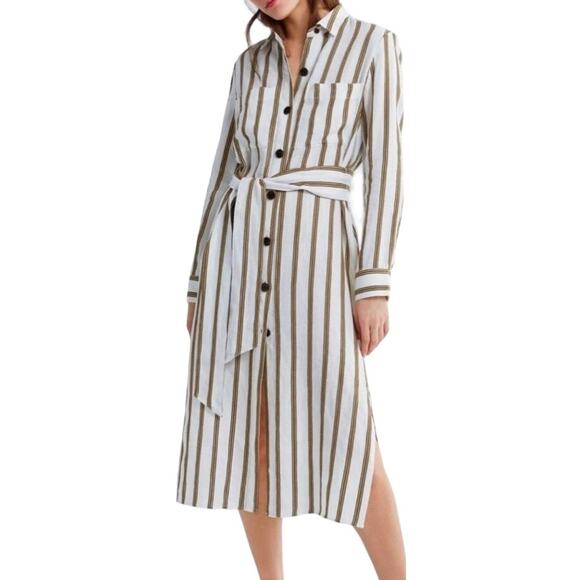 Zara Linen Midi Shirt Dress Striped Side Slit Button Down Collar Brown White L - Picture 1 of 7